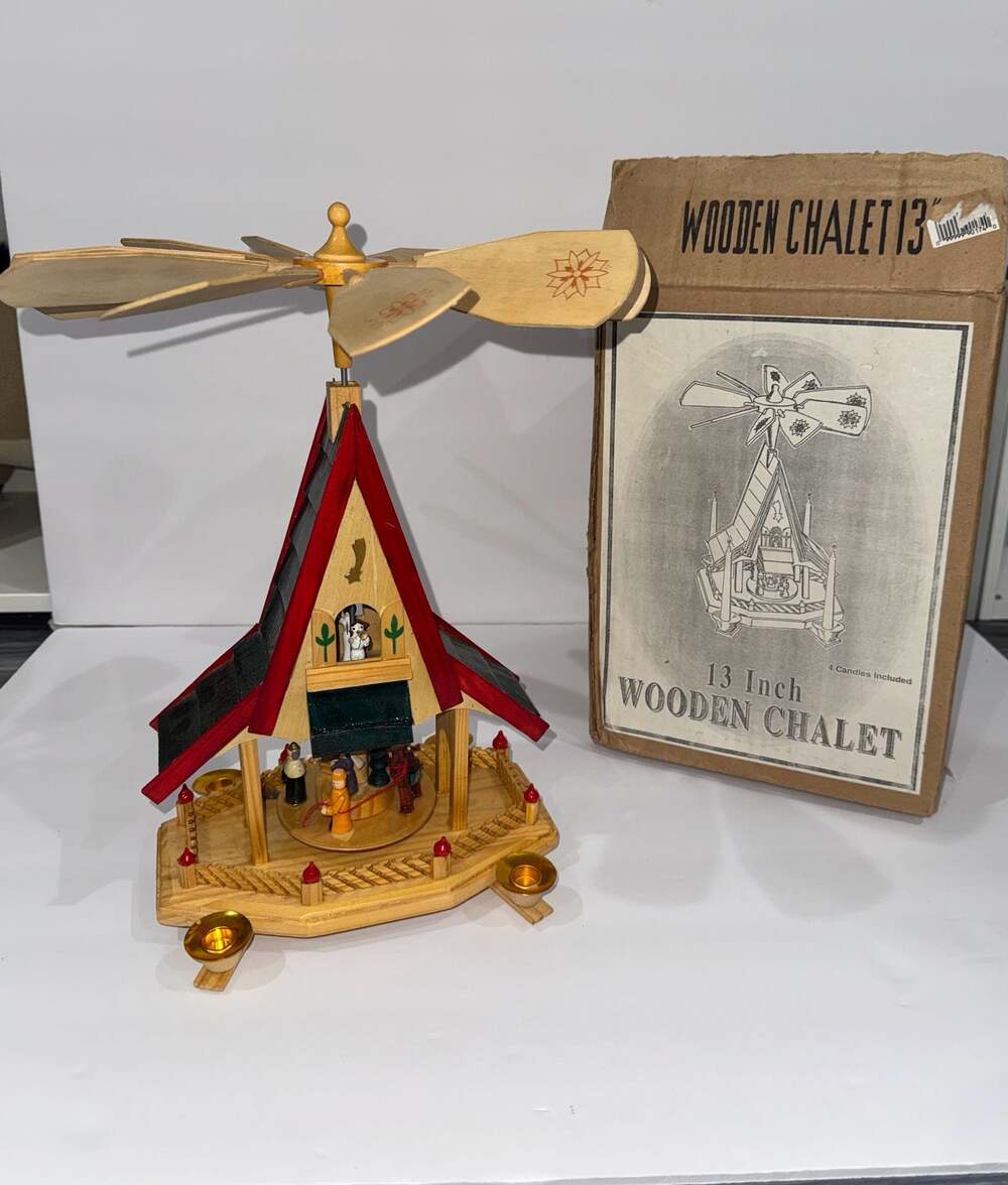 Vintage 13-Inch Wooden Chalet Christmas Nativity Pyramid Candle Carousel